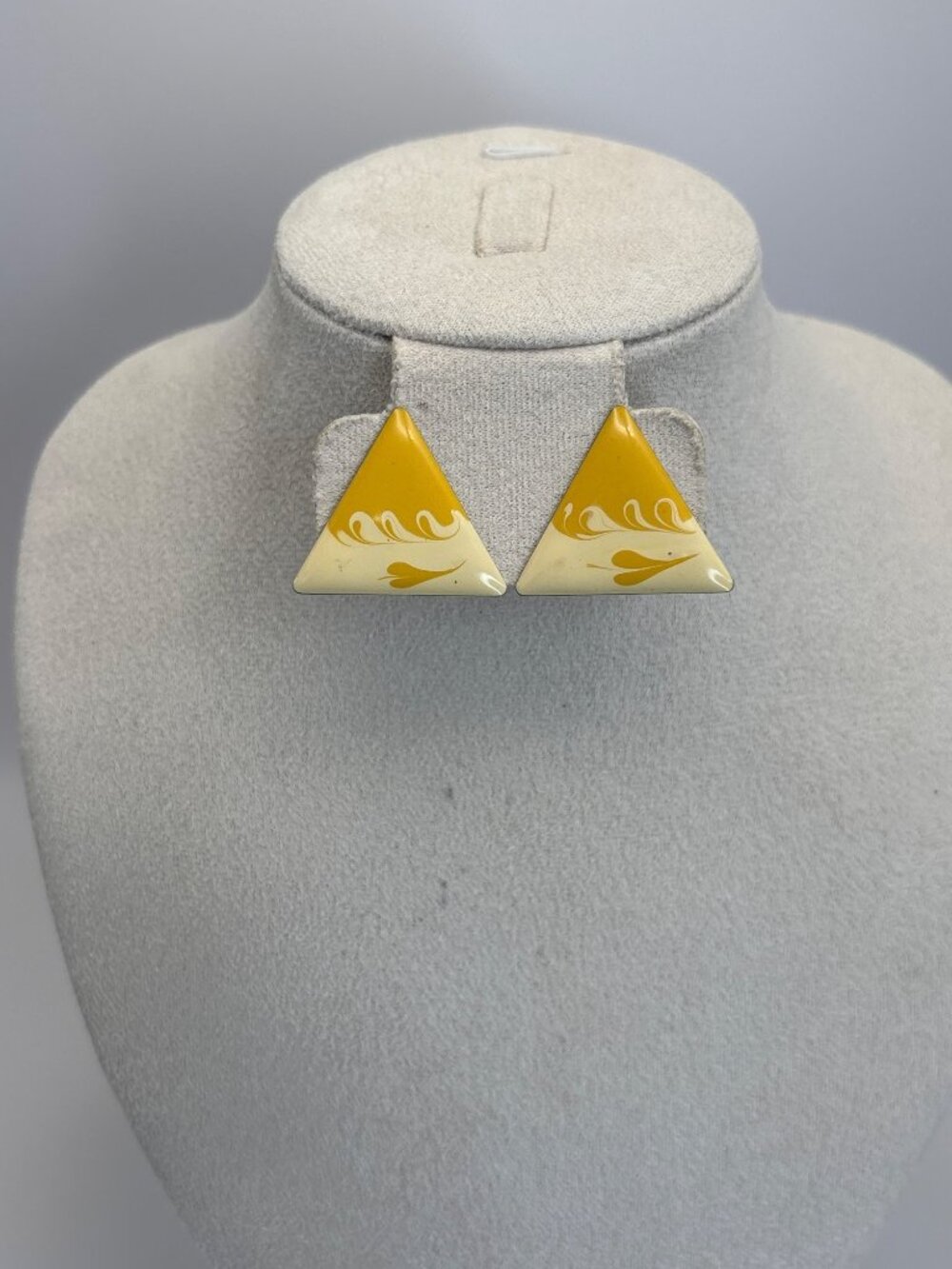 Vintage Unique Enamel Triangular Pierced Earrings Yellow Design